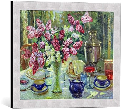 kunst für alle Bild mit Bilder-Rahmen: Russian School Stilleben mit Samowar im Sonnenlicht - dekorativer Kunstdruck, hochwertig gerahmt, 50x40 cm, Silber gebürstet