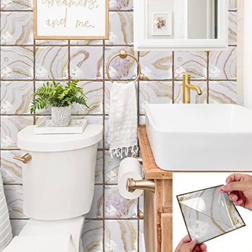 Alwayspon 30 adesivi per piastrelle effetto marmo oro bianco da 15 cm, adesivi autoadesivi per scale per camino, piastrelle da incollare, per cucina, bagno, parete