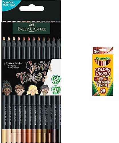 Faber-Castell 116414 - Buntstifte hautfarben Black Edition, 12er Kartonetui, bruchsicher, dreikant & Crayola Colours of the World Buntstifte Hautfarbe, Malstifte Set für Kinder in 24 Farbtönen