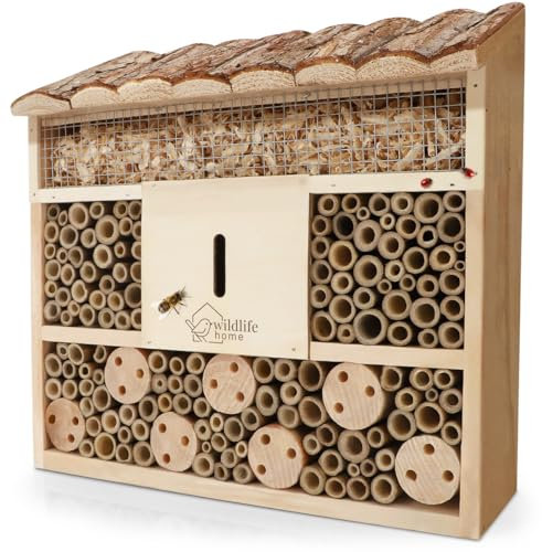 WILDLIFE HOME Bienenhotel Insektenhotel mit Rindendach I Unbehandelt, Bienenhaus aus Massiv-Holz für Bienen, Marienkäfer & Florfliegen, Insektenhaus I Nisthilfe Insektenhotel zum Aufhängen