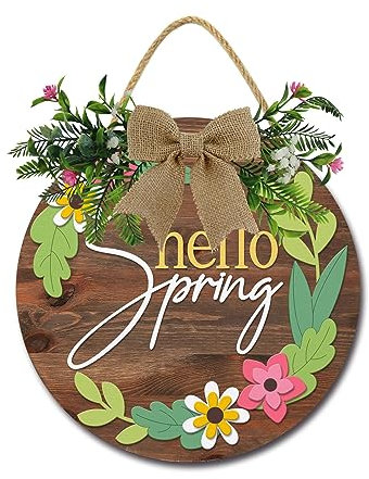 Hello Spring Haustürschild, lustige Kränze zum Aufhängen, Holzschild, Dekoration, rund, rustikal, Holz, Bauernhaus, Veranda, Dekor für Zuhause, Haustür, 28,9 x 27,9 cm