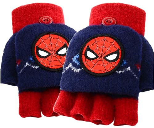 FASHION YO Guantes de invierno con solapa sin dedos, guantes cálidos de punto suave con forro polar térmico para exteriores, guantes de medio dedo con cubierta convertible para niños, Spiderman2