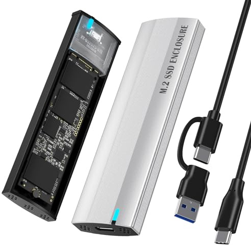 SHUBEIEUMI M.2 NVMe und SATA SSD Gehäuse Adapter, 10Gbps M.2 SSD zu USB 3.1 mit 2-in-1 Kabel, Unterstützt M-Key/B+M Key für 2230/2242/2260/2280 SSD, Werkzeuglos (Silber)