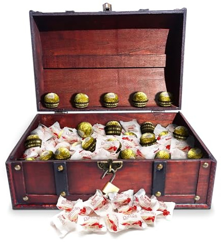infinimo Schatztruhe Kindergeburtstag gefüllt mit 55stk Raffaello und 55stk Ferrero Rocher (Ca. 2.5kg alle zusammen) - Geschenk-Box verschließbar und Schloss - 30x20x15cm groß