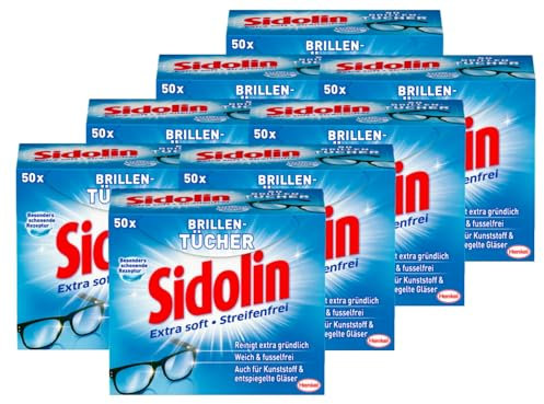 Sidolin Brillenputztücher 400 (8 x 50) Stück, feuchte Reinigungstücher für Brillen, Displays, Bildschirme, reinigen mühelos und fusselfrei, optimal für unterwegs