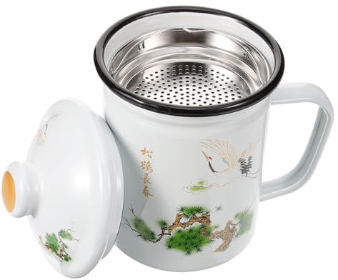 GRIRIW Taza De Té Esmaltada Diseño De Grulla y Colador Taza De Esmalte Retro Para Beber Té