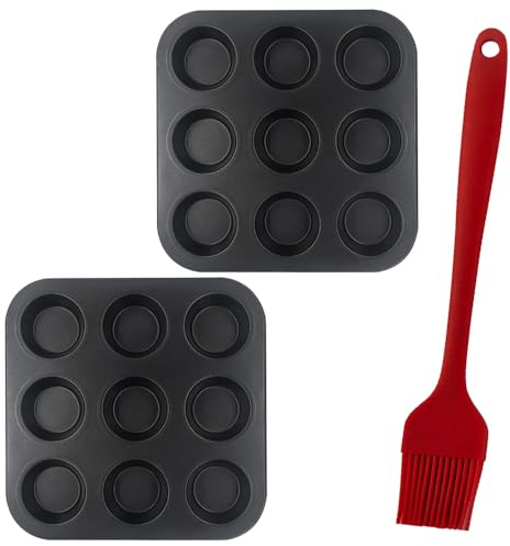 2 Pack Bakeware Yorkshire Pudding Tray Cupcake Tray Muffin Trays 9 Cup Yorkshire Pudding Tin Mini Cake Tins Baking Tray Set Non-Stick Muffin Cases for Baking Pastries, Bun, Cupcakes(Free Brush)