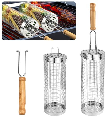 DTYGUIXE Cesta para Asar Verduras, 2 Cestas de Parrilla Rodante con Mango de Madera Canasta de Barbacoa Cilíndrica de Acero Inoxidable Cesta para Parrilla de Barbacoa para Asar Comida Pequeña