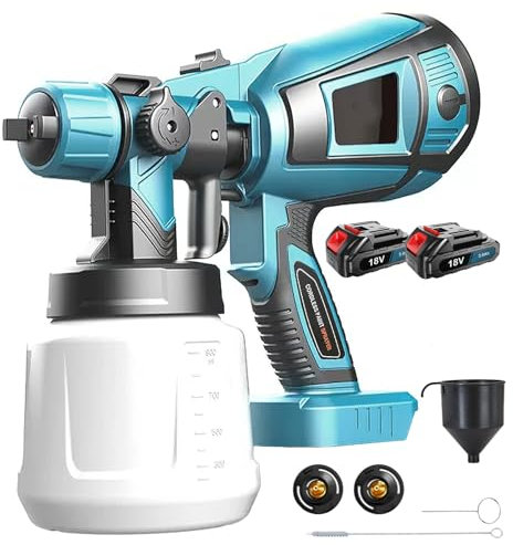 18V Kabellos Akku Farbsprühsystem, Hohe Leistung, 1000 ml Farbbehälter, inkl. 2, Düse, (2x3.0Ah Akku & Ladegerät) blau, für Holz, Wand, Möbel, Zaun, kompatibel mit Makita