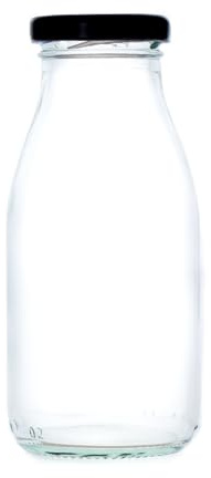 250ml Glass Milk Bottle & Lid for Raw Milk Juice Small Milkshake Wedding Favours (43mm Neck) (Black Lid, Pack of 36)
