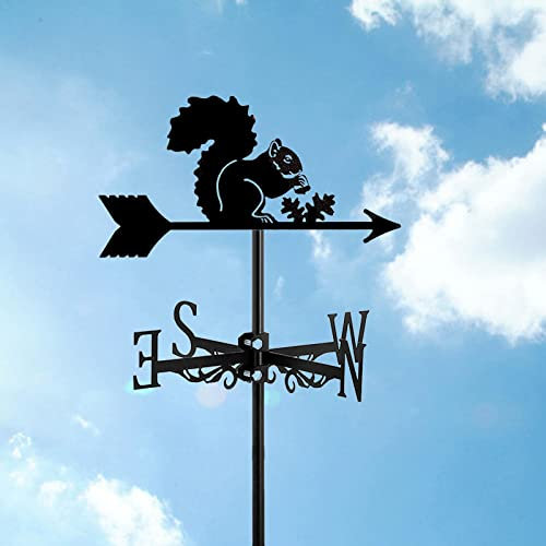 Wetterfahne mit Eichhörnchen- und Pferdezaun, schwarzer Wetterhahn, windgetriebener Richtungsanzeiger mit Rostschutzbeschichtung für die Außendachmontage auf dem Bauernhof im Hof, Hofdekor