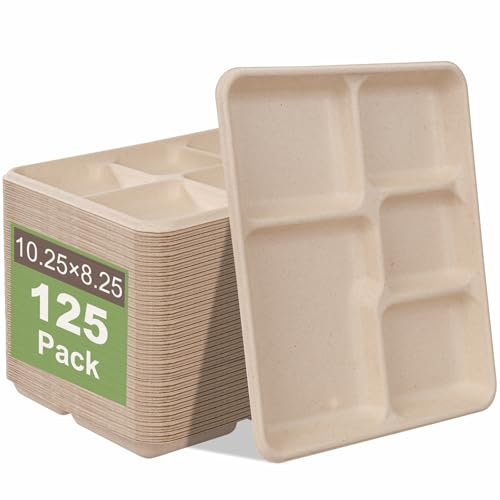 WELLIFE 125 Pack Kids Small 5-Compartment Paper Plates 10.25x8.25 Inch