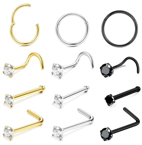 jagosen Nasenpiercing Ring Stecker Nasenring 7/8/9mm Silber Gold Schwarz 18g 20g 9Stück Nostril Piercing Chirurgenstahl Lippenpiercing Stecker Septum Ring CZ L Form Screws Nasenpiercing Set Schmuck