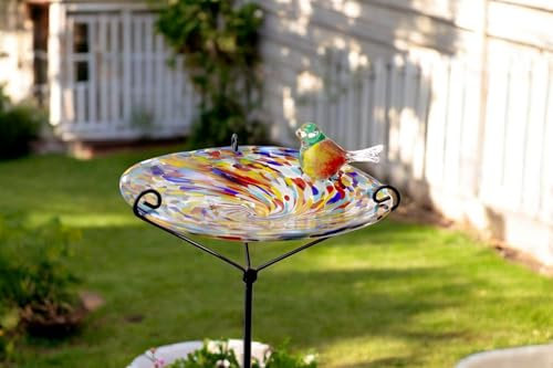 Gartenstecker mit Vogelbad - Multicolor - Handgefertigtes Glas - Weiß - Vogel auf Stock - Gartendekorationen - Gartenindeco für den Außenbereich - Gartendekor - Tiere für den Außenbereich