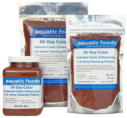 Aquatic Foods Inc. Ultra Intense Color Enhancing with a 10-Day Color Change, 1.5mm - 2mm Floating Pellets for Cichlids, Discus, All Baby and Small Tropical Fish & Pond Fish…8oz Jar