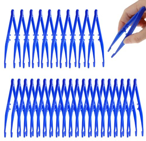Sibba Plastic Tweezers 30 Pcs Disposable First Aid Pickup Grabbers Blue Lab Tweezer with Finger Ridges Serrated Tips Tweezers for Beading Projects Craft DIY Science Class
