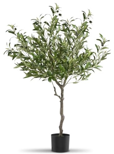 tectake® Konstgjort olivträd med naturtroget look, dekorträd med realistiska oliver & täta blad, underhållsfri inomhusväxt i kruka, stabil & stilren dekoration för hem och kontor - 120 cm