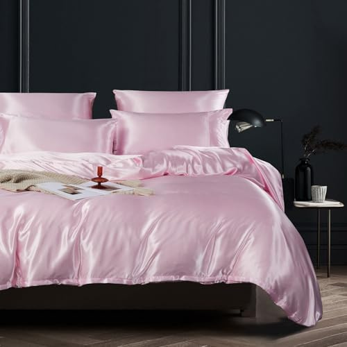 YASMENG Housse de Couette Satin 220x240 Rose Uni Brillant Deluxe Parure de Lit Satin Doux Lisse Soyeux Soie Linge de Lit 2 Personne Adulte avec Fermeture Éclair et Taies d'oreiller 65x65 cm