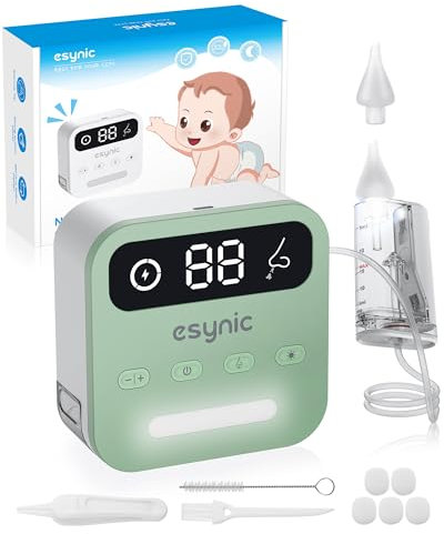 eSynic Baby Nasensauger Elektrischer Rotz Sauger 65KPA Grün Wiederaufladbarer Nasensauger 9 Stufen Absaugung Silikon Soft-Tip Rotz Entferner mit Nachtlicht & LCD Display für Babys Neugeborene Kleinkin