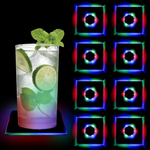 WIYETY 8 Stück LED Untersetzer: Ø 10cm Leuchtuntersetzer Rund aus Acryl, Wasserdicht mit 7 Farbmodi & ON/Off Taste, LED Untersetzer für Gläser Flaschen Partys Hochzeiten Bar Weihnachten (Quadratisch)