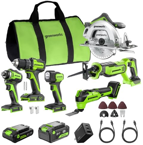 GREENWORKS 24V 6-pack sladdlösa verktyg (borrskruvdragare, slagskruvmejsel, cirkelsåg, sabelsåg, multifunktionsverktyg, lampa), batterier 4,0 Ah + 2,0 Ah (powerbank 24 000 mAh), snabbladdare, 65 W