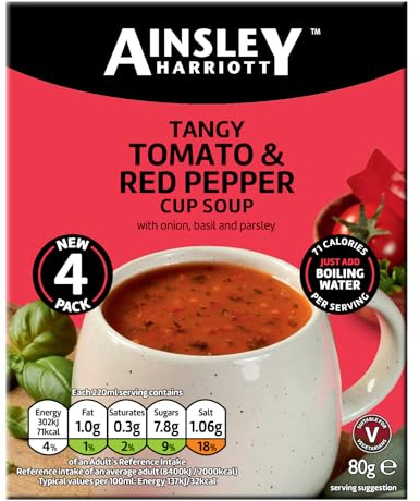 Ainsley Harriott Tomato & Roasted Red Pepper Cup Soup 32x80g sachets, Quick & Convenient Instant Soup, Quick Snack or Meal Alternative, Bulk Pack Multipack
