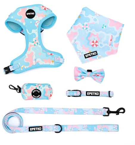 Welpengeschirr mit Leine Set, Weiches Leichtes Mesh Hundegeschirr Kleine Hunde mit Leine, Verstellbares Niedliches Blumenmuster Welpengeschirr Kleine Hunde, Geeignet für Kleine und Mittelgroße Hunde