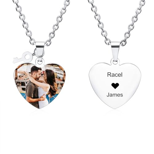 MunkiMix Collana con Foto Personalizzata per Donna Uomo Foto/Nome/Data Incisione Ciondolo Cuore/Cerchio in Acciaio Inossidabile con Ciondolo Lucchetto/Chiave Regali Commemorativi per Coppie Amici