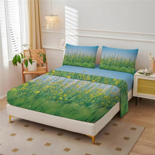 BIAFRA Rapeseed Flower Sheets King Size - Rural Scenery Bed Sheets, Soft Wrinkle Free Breathable & Comfy Extra Deep Pockets Queen Size Fitted Sheet with 2 Pillowcases
