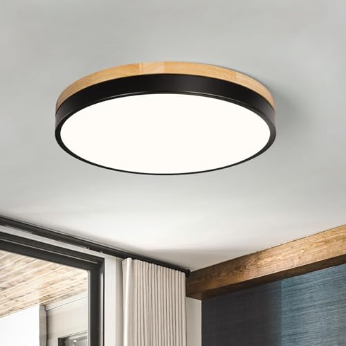 Round LED Flush Mount Ceiling Light, Modern Wood Ceiling Light, Minimalist Ceiling Lamp Black Ceiling Lighting Fixtures for Kitchen Bedroom Laundry Room Living Room Entryway Hallway&11.81 in