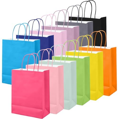 Pupugut 24 Stück Geschenktüten, 16 x 8 x 22cm Kleine Papiertüten mit Henkel, 12 Farbmischung Geschenktaschen Kraftpapiertaschen für Geburtstag Weihnachten Hochzeit Party