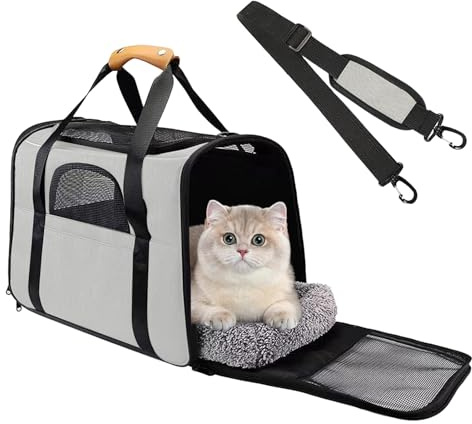Alverra Katzentransportbox – Faltbare Transportbox Katze Auto aus Oxfordstoff, Atmungsaktive Katzentasche mit Schultergurt, Kuschelkissen & Anti-Flucht-Haken, Für Katzen & Kleine Hunde bis 13kg