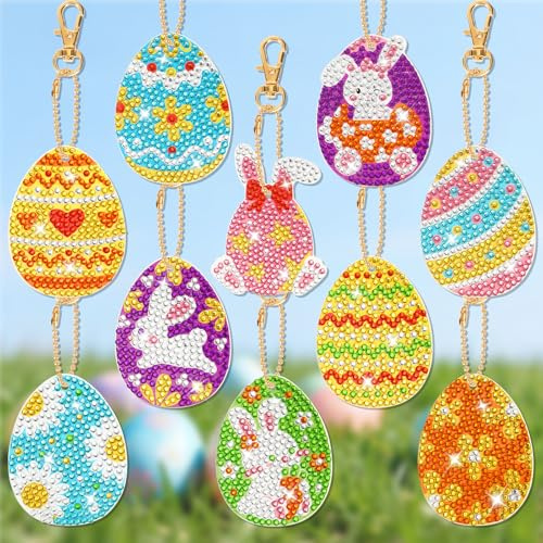 JSRQT Diamond Art Painting Ostern, 10 Stücke Diamant Art Painting Anhänger, Bastelset Ostern Deko, Diamond-Painting Osterbasteln, 5D DIY Oster Bastelset Frühling Geschenke, Hase Ostereier Craft