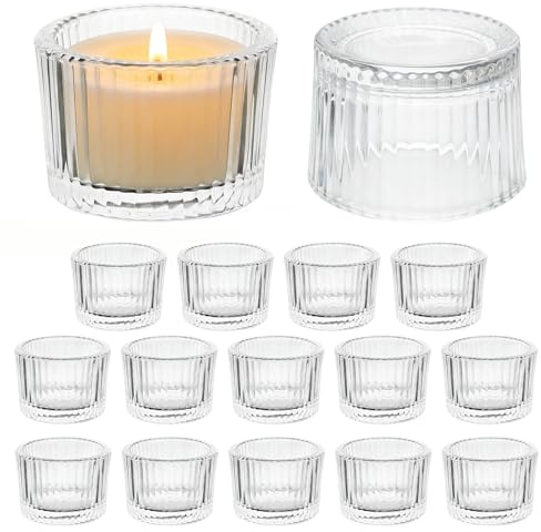 ASSRECT 16 st ribbade glas värmeljushållare bröllop bordsdekor ljuskoppar | 5 cm x 3,5 cm vintage mini värmeljushållare, perfekt för bröllop, fester, jul och elegant heminredning