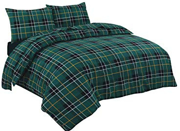 NZ Tartan Check Luxurious Flannel 100% Natural Brushed Cotton Thermal Duvet Cover Sets Reversible Bedding Sets (Green, 3pcs, Double)