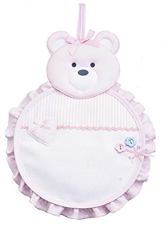 FILET - Fiocco Nascita in Cotone a Forma di Orsetto, con Tela Aida da Ricamare, Coccarda Fuoriporta Ideale da Appendere per Annunciare la Nascita di una Bimba, Made in Italy, Colore Rosa