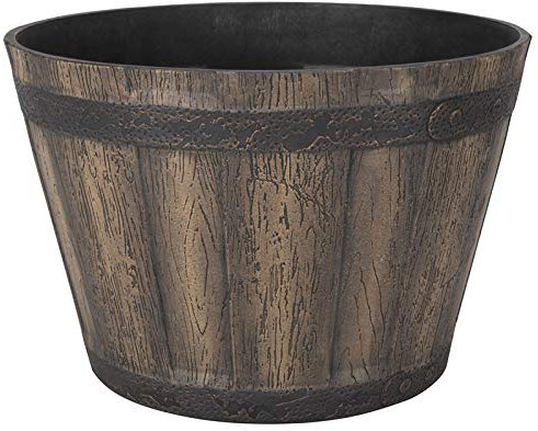 Rocky Mountain Goods Whiskeyfass-Übertopf groß – 38,1 cm verwittertes Eichenfass aus Kunststoff – Blumentopf für drinnen und draußen – UV-beständige Oberfläche