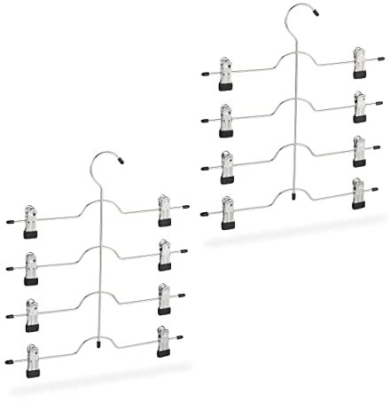 Relaxdays Mehrfachbügel im 2er Set, Kleiderbügel für Röcke oder Hosen, mit Klammern, platzsparend, rutschfest, Silber