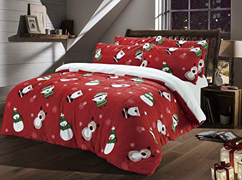 Olivia Rocco Teddy-Fleece-Bettbezug-Set, bedruckt, superweich, kariert, Sterne, Hirsch-Design, warme Winter-Bettwäsche mit Sherpa-Rückseite, Einzelbett, Weihnachtsfreunde