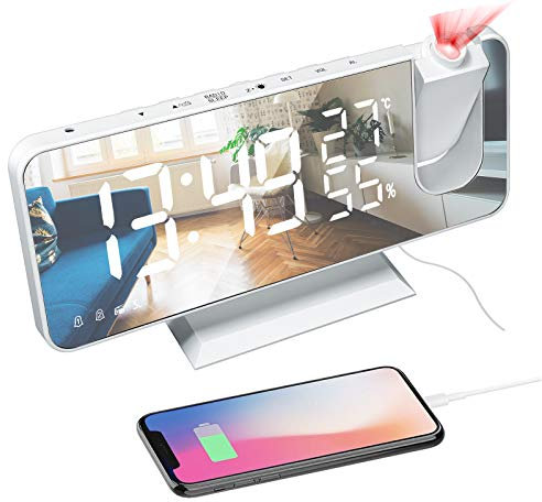 Projection Alarm Clock， LED Digital Alarm Clock Bedside Mains Powered with FM Radio Function, USB Charging Port, 4-Level Brightness, 2 Alarm Clock Snooze Mirror Design Temperature and Humidity Display