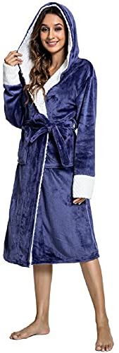 Tuopuda Peignoir Femme Robe de Chambre Long Taille Haute avec Ceinture Poche de Bain Hiver Douillet - Après Douche et Spa, Marine