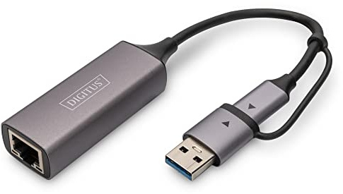 DIGITUS Adattatore di rete USB - 2,5 Gbit/s - RJ45 a USB-C 3.1 - incl. adattatore tipo A - Full Duplex - Auto MDI-X - Grigio