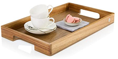 AdHoc Serviertablett Serve Smart | großes Tablett aus Holz | Tragetablett mit Griff aus hochwertigem Akazienholz (Boden Walnuss furniert) | Servierplatte 56x30cm | kein Bambus