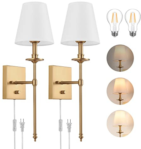 Dimmable Wall Sconces Set of Two, Plug in Wall Sconces White Fabric Shade, Wall Lamp for Bedroom, Living room, Plug in Wall Light Sconces Wall Decor Set of 2, LED Bulbs Included, Antique Brass