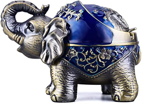 LAUYOO Metal Elephant Ashtray with Lid Windproof Ashtray Outdoor, Indoor Ash Tray for Weed, Vintage Practical Decoration Ashtrays for Cigarettes Great Gift for Men Women(NavyBlue)