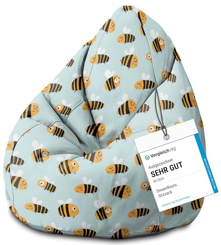 DreamRoots Sitzsack Kinder 70x70x105, Bee Life | Bean Bag Kinder mit Lehne, Hocker & Bezug, Sitzkissen Boden, Bubibag, mit Füllung, Kinderzimmer