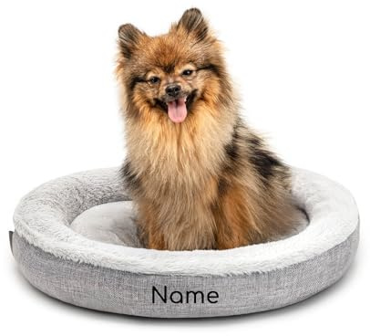 lionto Panier pour Chien Rond en Forme de Beignet, Ø 55 cm, Coussin pour Animaux avec Housse Lavable et Picots antidérapants, lit Douillet en Lin Oxford et Peluche, Gris (avec nom imprimé)