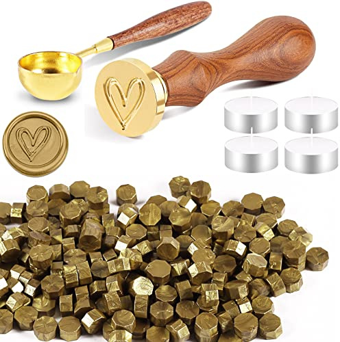 Foonii 200 Stück Siegelwachs Perlen Set Wachssiegel Stempel mit 1 Siegelstempel, 1 Schmelzlöffel, 4 Teelichte | Siegellack Perlen Set für Umschlag/Einladungen/Karten/Geschenk (Herz,Dunkelgold)