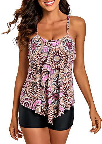 Flyily Tankini i 2 delar, baddräkt med volanger, överdel med tryck, pojkshorts, plusstorlek, badkläder, Rödbrun, 3XL