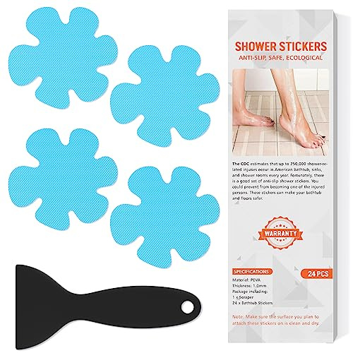 24 PCS Non Slip Bathtub and Shower Safety Stickers, Anti-Slip Stickers and Adhesive Decals Scraper for Bath Tib, Shower Floor, Stairs, Ladders - Flower Shape, Blue